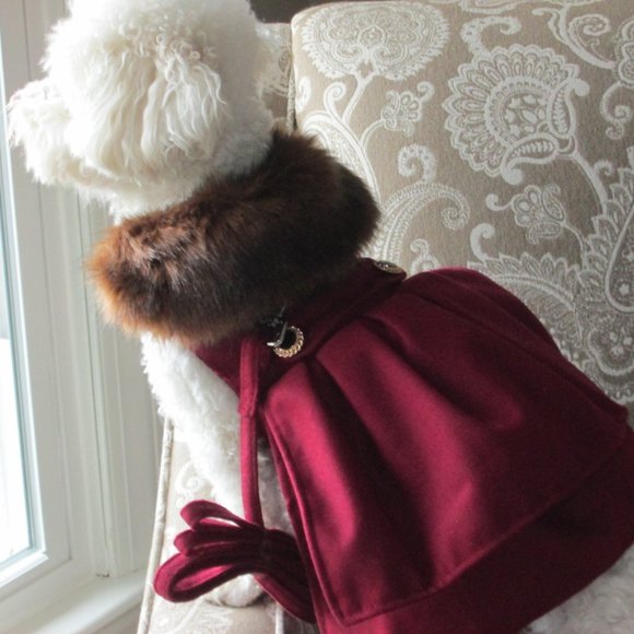 Burgundy Wool Faux Fur-Trimmed Dog Coat Harness NWT - Picture 2 of 5